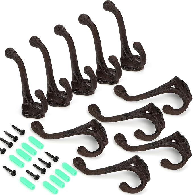 Peohud 10 Pack Cast Iron Coat Hooks, Rustic Wall Hooks, Wall Mounted Farmhouse Coat Hangers, Heavy Duty Double Hooks for Hanging Coats, Bags, Caps, Hats, Towels, Keys