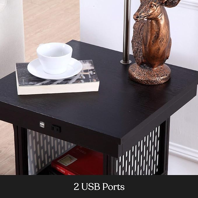 Brightech Madison Side Table with Lamp Combo with LED Bulb, Desk Lamp with USB Port, Bedside Reading Light, Modern End Table with Floor Lamp for Bedroom, Living Room, Office - Black