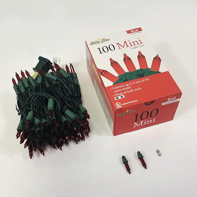 Brite Star 100 Count Mini String Christmas Lights, Red - 22 feet Indoor/Outdoor Christmas Tree Lights with Green Wire