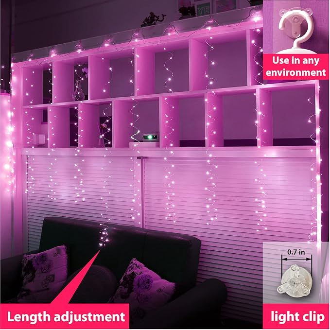 ZSJWL 300 LED Pink Curtain Fairy Lights with Remote, 8 Modes 9.8 × 9.8 Ft Waterproof USB Plug in Copper Wire Lights for Bedroom Window Chrismas Wedding Party