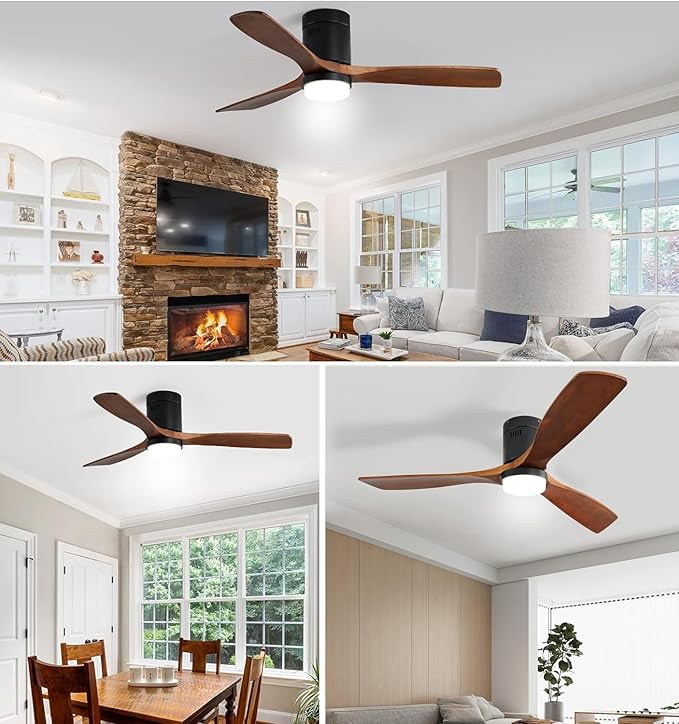 Sofucor 52 Inch Ceiling Fans with Lights, Flush Mount Ceiling Fan with Lights Remote Control, Indoor/Outdoor Ceiling Fan Light, Reversible DC Motor, 3 Blade Solid Wood Ceiling Fans for Bedroom Patio