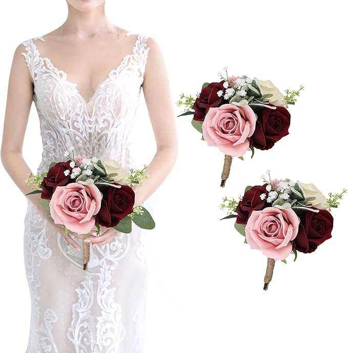 Set of 2 Artificial Bridesmaid Bouquets Blush & Burgundy -7 Inch Silk Rose Wedding Flower Bouquets for Bridesmaid Holding Flowers , Bridal Shower, Wedding Centerpiece Ceremony and Anniversary