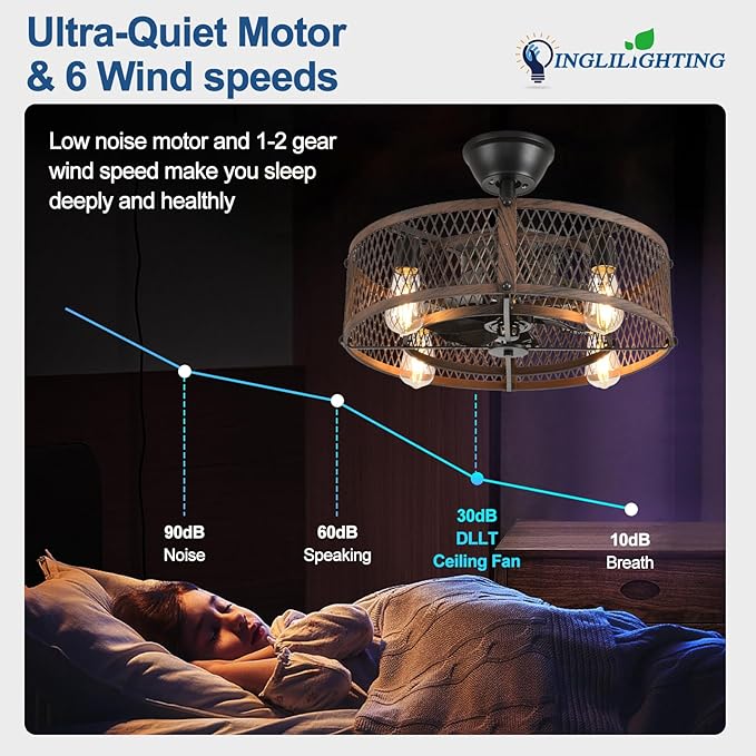 DLLT Caged Ceiling Fan with Lights: 20" Farmhouse Fandelier with Light and Remote - Walnut Industrial Chandelier Fan Light for Bedroom Living Dining Room Kitchen