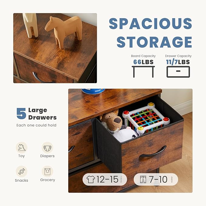 DUMOS Dresser for Bedroom, 5 Storage Drawers, Wide Fabric Closet Chests Organizer Tower Furniture with Wooden Top Metal Frame for Clothes, Guest Room, Living Room, Hallway, Entryway