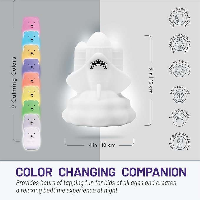 Lumipets Space Rocket LED Baby Night Light, Cordless, Touch Control, Soft Silicone Material, 8 Lulling Colors, Portable