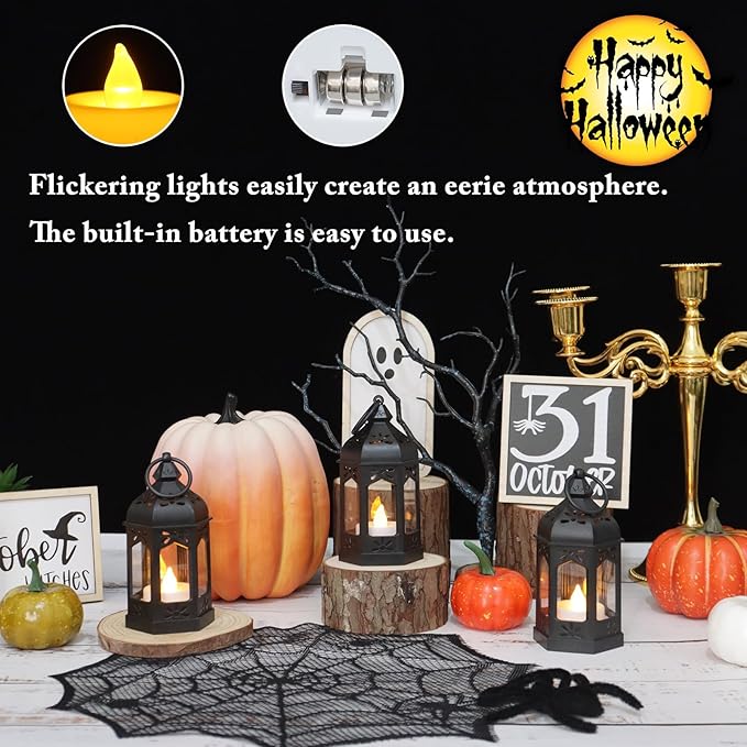 LLQ 8Pcs Mini Lanterns for Centerpiece, Ramadan Decorations, Battery Included, Decorative Candle Lanterns for Indoor, Small Vintage Lantern for Halloween Christmas Wedding Table Decor, Black