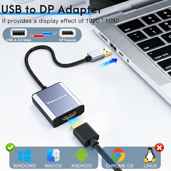 USB to DisplayPort Adapter | 1080P 60Hz, USB 3.0 Male to DisplayPort Female Monitor Converter for Windows 7/8/10/11, MAC OS - Requires Driver
