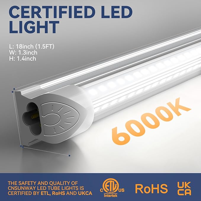CNSUNWAY 1.5FT LED Shop Light, 20W High-Efficiency Under Cabinet Lighting (6000K Cool White), V-Shape T8 Tube Fixtures – 18" Linkable Under Counter Lights for Kitchen, Workbench, Workshop, 2 Pack