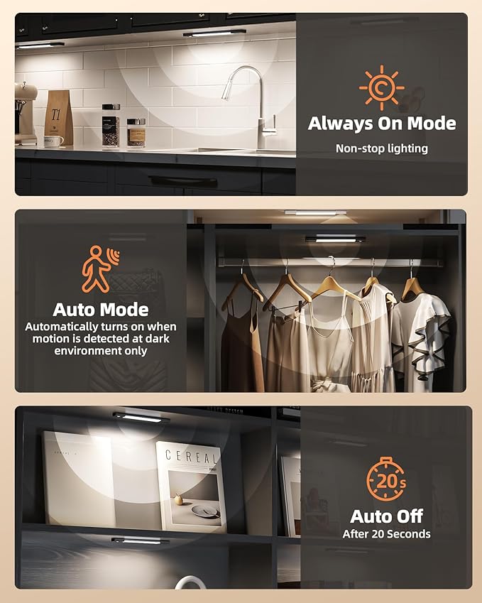 EZVALO Under Cabinet Lighting, Wireless Closet Lights, 30 LED Rechargeable Motion Sensor Light, Dimmable, 3 Color Temperatures, Counter Lights for Kitchen, Pantry, Bedroom, Wardrobe(3 Pack, Black)