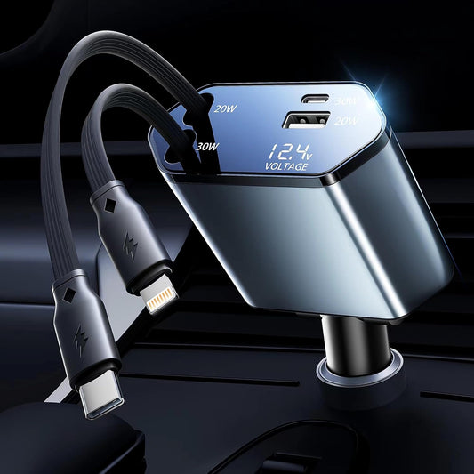 GUSGU 100W Retractable Car Charger, 4-in-1 Fast Charger with 2.6ft Cord, Lightning and USB-C Adapters