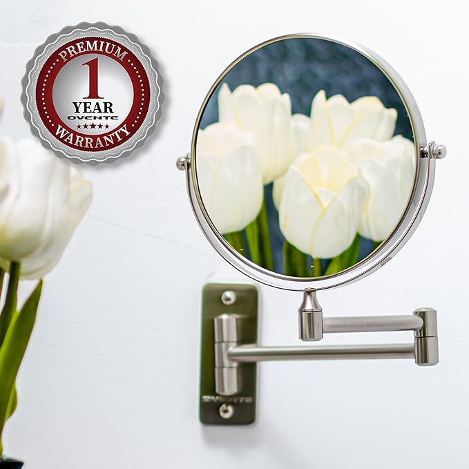 OVENTE 7" Wall Mounted Makeup Mirror with 1X/10X Magnification, Double Sided Magnifying Round Bathroom Vanity Mirror, 360° Swivel Design, Extendable and Folding Arm, Nickel Brushed MNLFW70BR1X10X