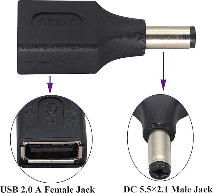 (2 Pack) 5V USB to DC5.5 × 2.1 mm Plug Power Converter Adapter USB 2.0 A Female to DC 5.5×2.1mm Male DC Barrel Power Plug Charger Cord Connector for 5V DC or USB Charging Device(F/5.5×2.1)