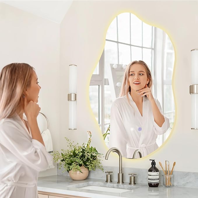 QDSSDECO Irregular LED Bathroom Mirror with Lights,Asymmetrical Led Bathroom Vanity Mirror for Wall with Front and Backlit, Anti Fog, 3 Colors and Dimmable Light, 19.7" x 33.5"