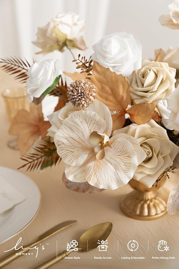 Ling's moment Artificial Flowers Fake Silk Orchid Faux Foam Roses Combo for DIY Wedding Bouquets Centerpieces Arrangements Bridal Shower Party Home Decorations, Tawny Beige & Sand Beige, 21pcs