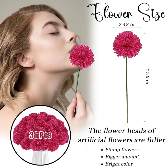 36 Pcs Artificial Chrysanthemums Flowers Hot Pink Flowers Fake Mums Silk Flowers for Christmas Wedding Floral Table Centerpiece Home Decor