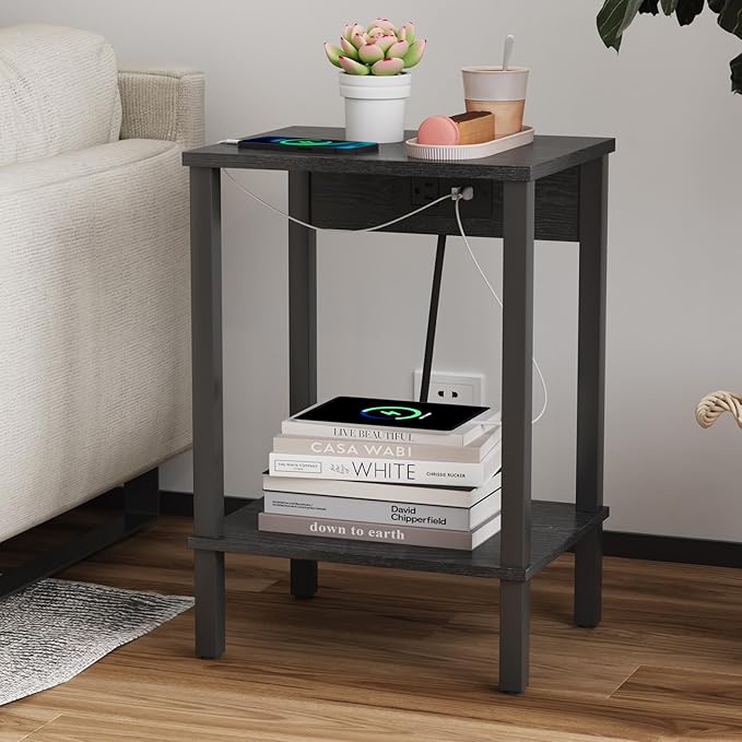 VIMBER Set of 2 End Table with Charging Station, Narrow Side Table with USB Ports and Outlets, Nightstands with 2-Tier Storage Shelves, Sofa Table for Small Space Living Room Bedroom