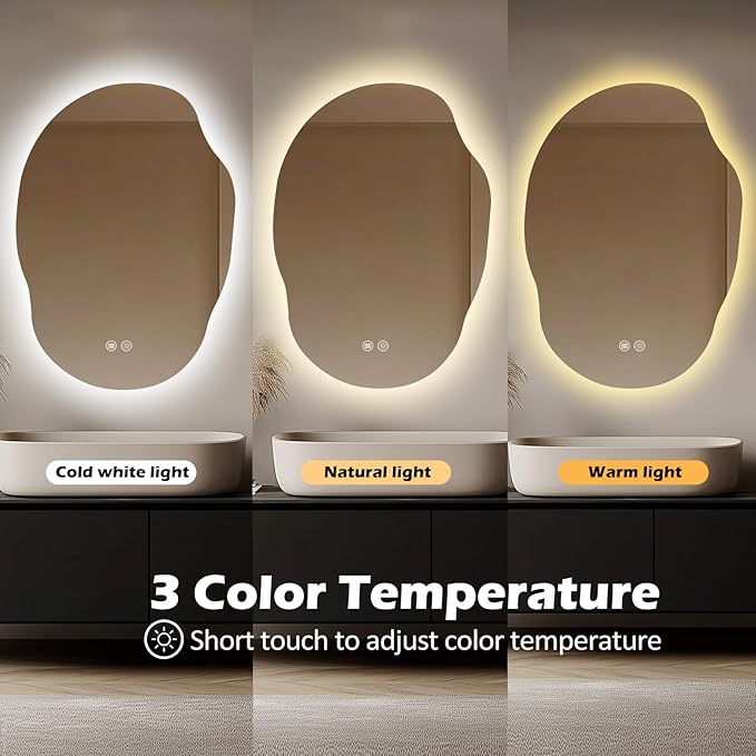 LED Mirror for Bathroom 25x35, Stepless Dimmable Irregular Backlit Mirror with 3 Colors, Anti-Fog, Memory, Al-Alloy Lampshade, Frameless Vanity Mirror for Bathroom (Horizontal/Vertical)