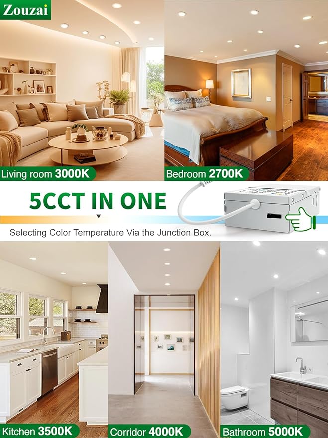 zouzai 12 Pack 4 Inch 5CCT Ultra-Thin LED Recessed Ceiling Light with Junction Box, 2700K/3000K/3500K/4000K/5000K Selectable, 9W Eqv 80W, Dimmable, led can Lights - ETL and Energy Star Certified