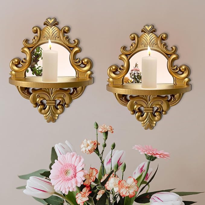 Three-Dimensional Relief Candle Sconces Set 2 Rustic Wall Mount Candle Holders Wood Hanging Wall Decor Mirrored Wall Art Hand Carved Home Decoration Gold