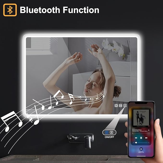S'bagno 36"x28" LED Bathroom Mirror with Bluetooth Speaker, Anti-Fog & Waterproof, Dimmable Wall Mirror with Touch Control, 3 Light Colors, Vertical or Horizontal
