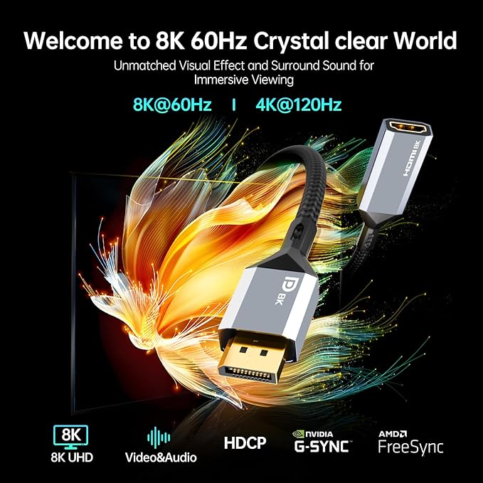 Active DisplayPort to HDMI Adapter, 8K@60Hz 4K@120Hz, DP 1.4 to HDMI 2.1 Converter, Unidirectional for Gaming PC, Laptop, GPU to Monitor, TV, Projector