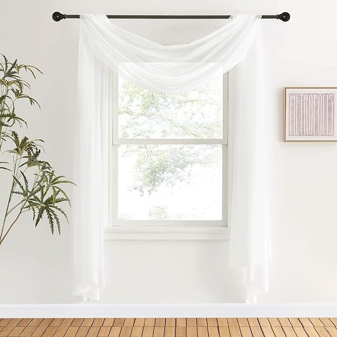 NICETOWN Sheer Textured Scarf Valances for Windows, 216" Extra Long Window Dressings for Anniversary/Wedding Design, 60" Wide, 2 Pieces, Off White