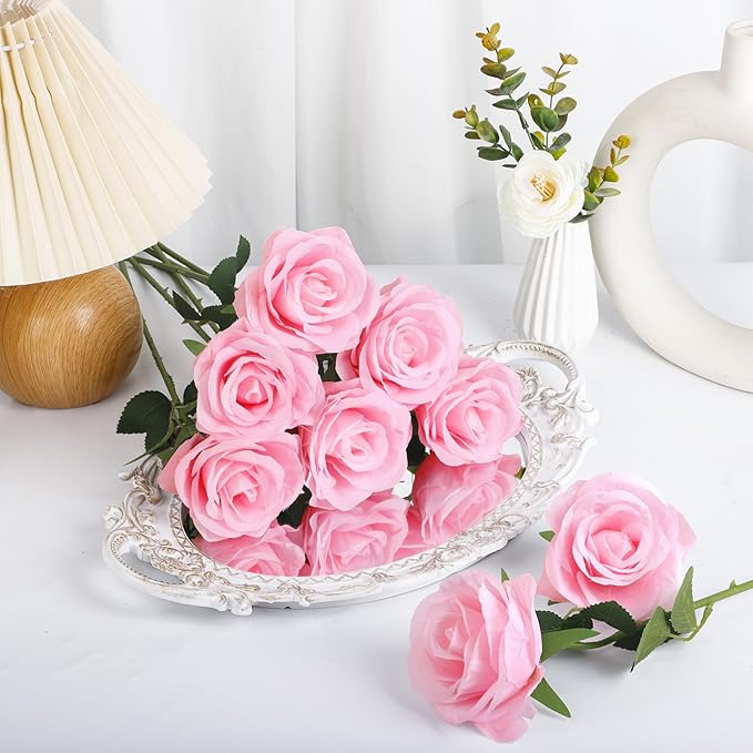 Ouddy Decor 20 Pcs Red Roses Artificial Silk Flowers Fake Roses Bouquet with Long Stems for Valentines Day Decor Wedding Home Party Table Centerpieces Bridal Bouquet DIY Floral Arrangment, Pink
