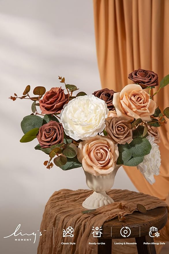 Ling's moment Artificial Flowers Fake Silk Peonies Faux Foam Roses Combo for DIY Wedding Bouquets Centerpieces Arrangements Bridal Shower Party Home Decorations, Dried Flower & Orange, 19pcs