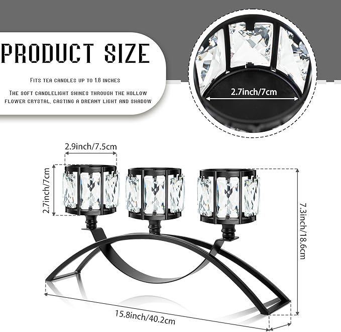 Black 3-Arm Crystal Candle Holders Arched - Elegant Tabletop Candelabra Centerpiece for Weddings, Dining Room Decor, Modern Home & Cabinet Display Housewarming