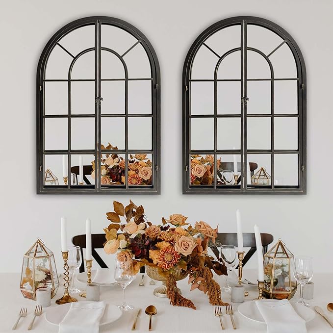 ironsmithn Arched Window Mirror, 36"x24" Grid Mirrors, Windowpane Mirror, Black Metal Arch Mirrors for Decor Living Room Fireplace Entryway Bedroom Hallway