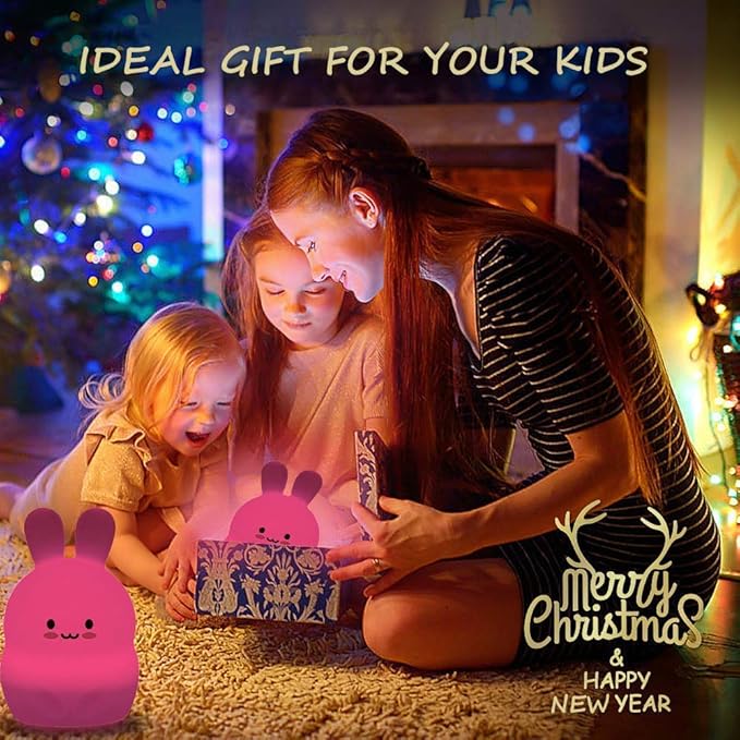 Rabbit Night Light for Kids, Rechargeable LED Children Lamp, Soft Silicone (BPA Free) for Baby/Boys/Girls/Adult, Remote & Touch Control Adjustable Brightness and Colors, Indoors/Outdoors