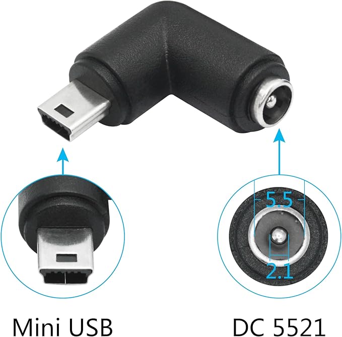 4Pcs DC 5.5mm x 2.1mm to Mini USB Adapter, 90 Degree Right Angle DC 5521 Female to Mini USB Male Plug Convert Connector 5V Power Supply Adapter