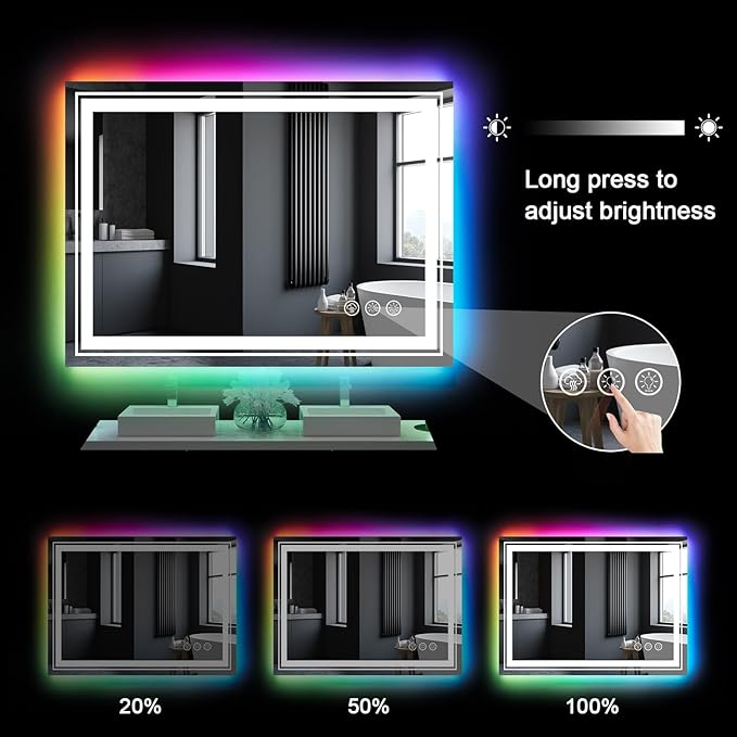 LED Mirror for Bathroom, 40"X36" with 8 RGB Backlit +3 Front Lit (Adjustable Individually), Anti-Fog, Lighted Bathroom Vanity Mirror for Wall, Shatterproof, Memory Function, Tempered Glass