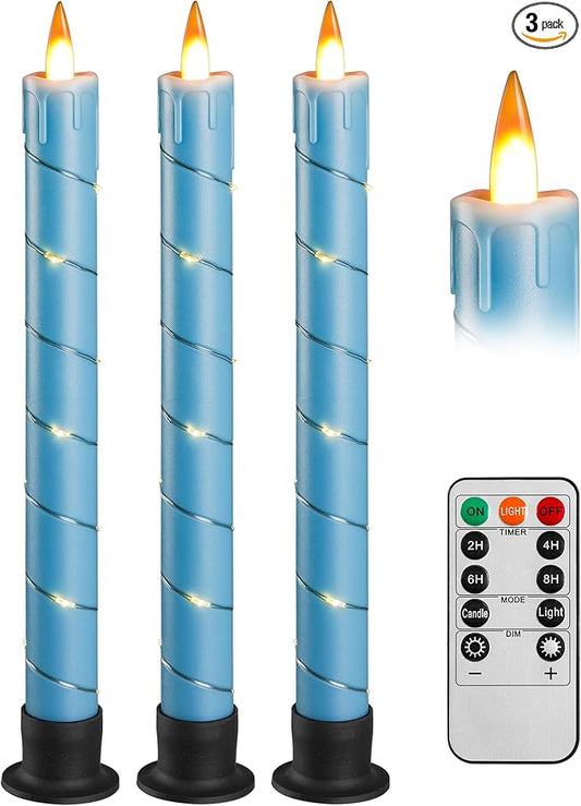 Da by 3 Pcs Flickering Flameless Battery Operated Taper Candle-Window Candles with Remote and Time-LED 3D Dynamic Flame-9.6 Inches for Wedding, Party,Home Decoration-Blue