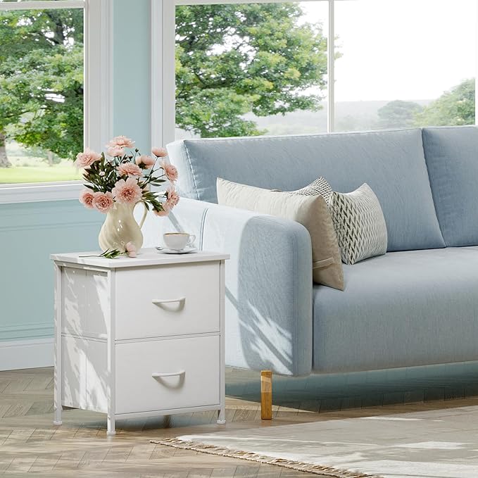 Somdot Nightstand Set of 2, Small Dresser for Bedroom with 2 Drawers, Bedside Table Night Stand End Table with Fabric Bins for Bedroom Kids Closet Dorm Guest Room, White Leather