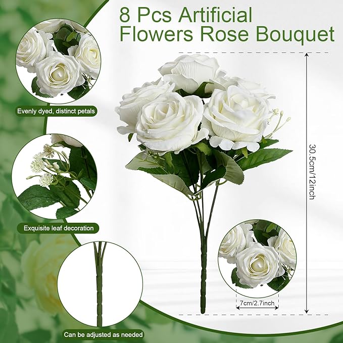 Artificial Roses Bouquets - 8 Bundles Fake Silk Flowers Realistic Faux Florals Bulk for Wedding Bridal Party Baby Shower Event Home Arrangements Centerpieces Decorations (White)