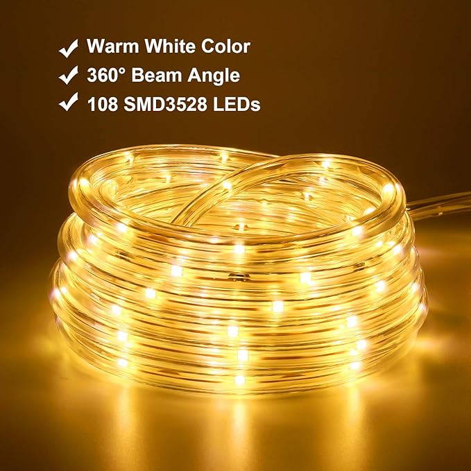 LED Rope Lights, 16ft Warm White Strip Lights, Connectable and Flexible Tape Lights with Fuse Holder, Clear Thick PVC Jacket and High Brightness Advanced LEDs, Waterproof for Indoor Outdoor Use