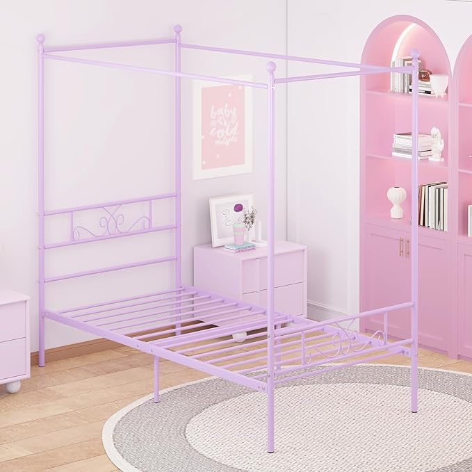 Weehom Twin Canopy Bed Frame with Headboard and Footboard, 4 Posters Metal Bed Frame, No Box Spring Needed, Mattress Foundation Platform Bed for Kids and Adults, Purple