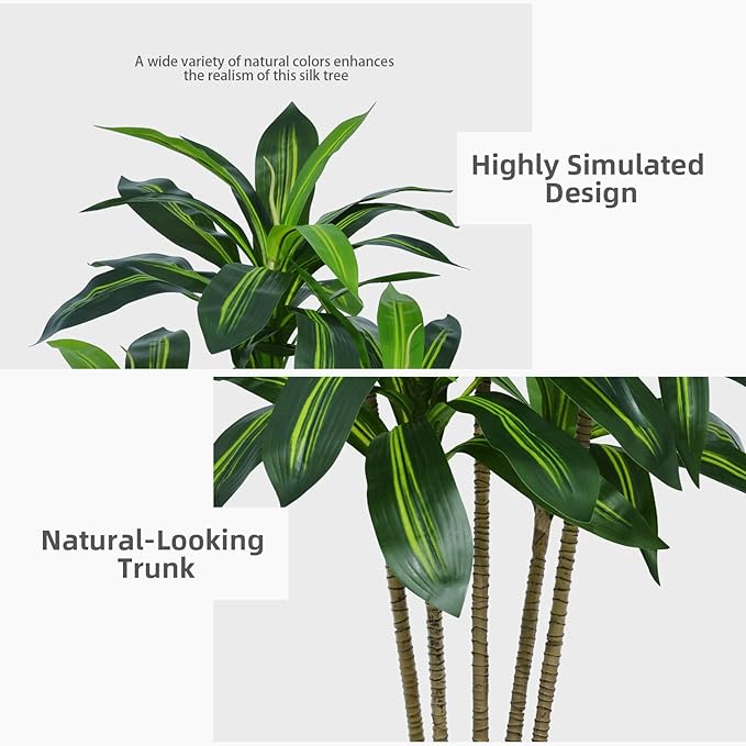 Artificial Dracaena Plant 6FT - Fake Tree with White Tall Planter - Faux Yucca Tall Fake Floor Plant in Pot - Artificial Trees for Home Office Living Room Decor Indoor