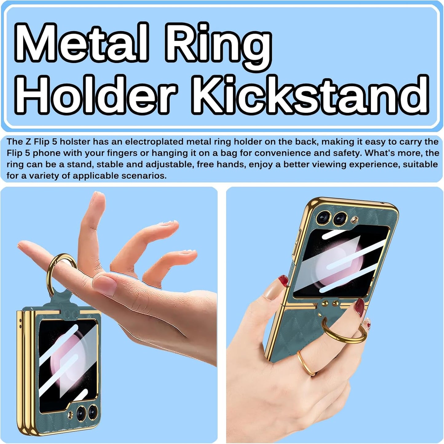 Miimall Leather Case with Metal Ring Holder for Galaxy Z Flip 5, Built-in Screen Protector, Ultra-Thin Cover (Deep