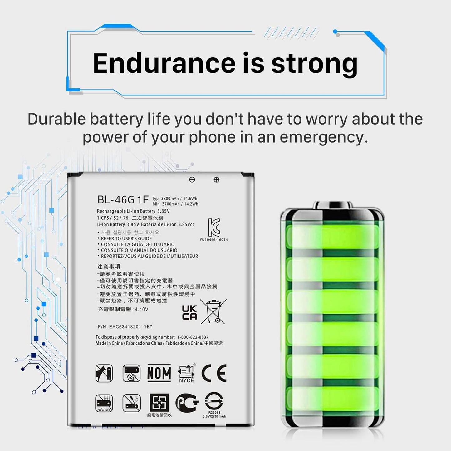 LG K20 Plus Battery, 3800mAh Replacement for BL-46G1F, Compatible with MetroPCS, T-Mobile, Verizon
