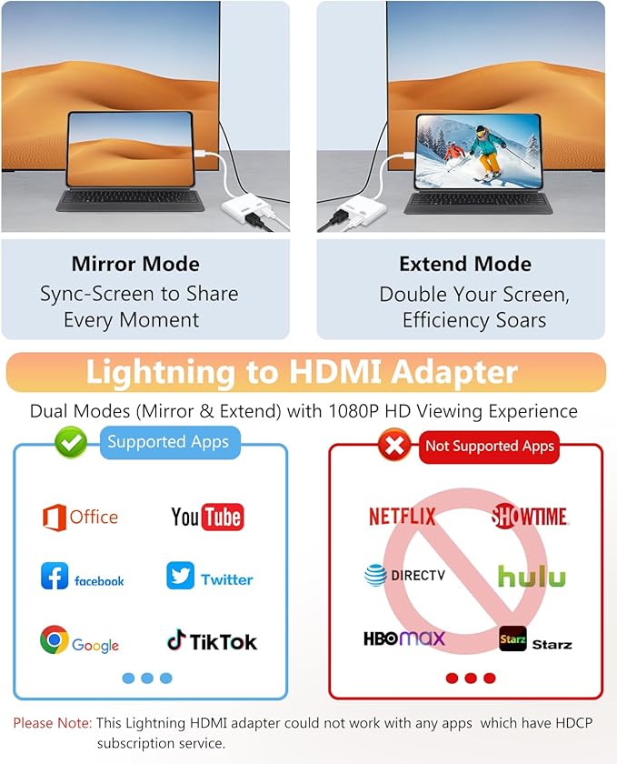 Lightning to HDMI Adapter for iPhone, [Apple MFi Certified] Digital AV Dongle,1080P Sync Screen Cable with Lightning Charging Port for iPhone, iPad to TV/Projector/Monitor No Need Power Supply