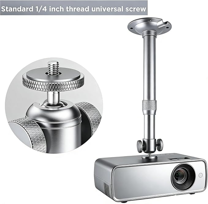 Projector Ceiling Mount with New Gimbal, Adjustable Length Projector Mount, ¼-Inch Screw, Compatible with Most Projectors, Ceiling/Wall Use with Adjustable Angle (Dark) (Silver)