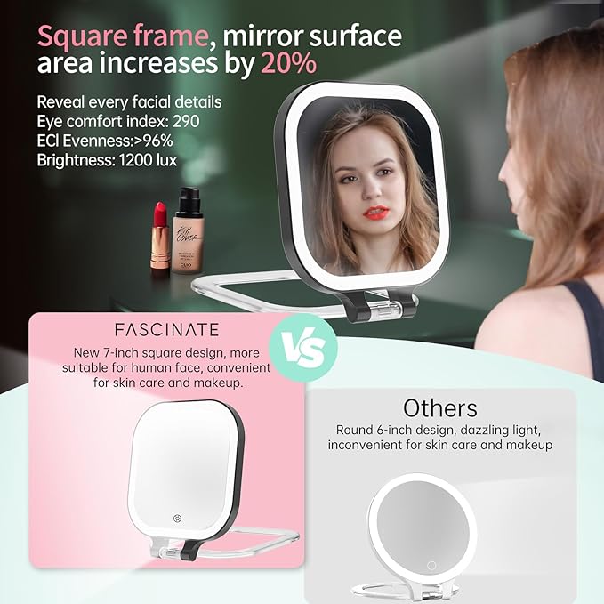 FASCINATE 20X Magnification Rechargeable Travel Makeup Mirror, 7" Lighted Portable Vanity Mirror with 3 Colors Lighting & Stepless Dimming, Double Sided LED Mirror, Gift for Women (Black)