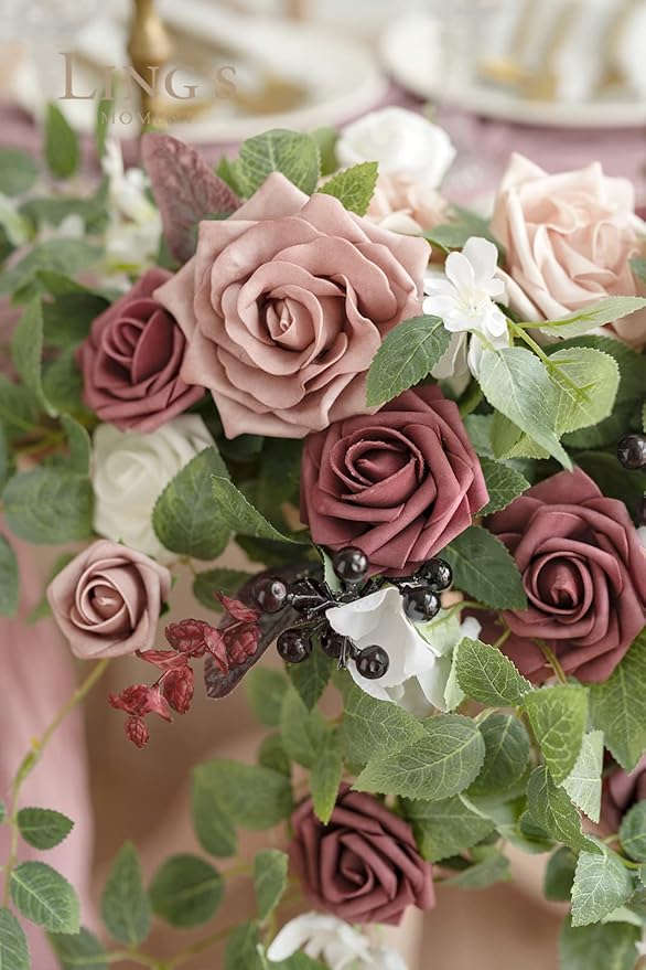 Ling's moment 2PCS Artificial Floral Swags Centerpieces Wedding Flower Rose Garland Greenery Arrangements for Sweetheart/Head Table Decor Wedding Car Wall Arch Garden Decor | Dusty Rose & Mauve