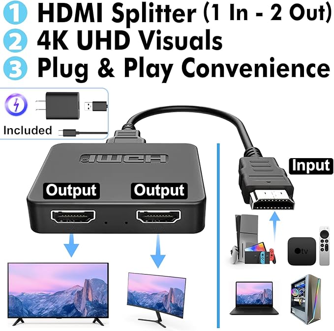 HDMI Splitter 1 in 2 Out, 4K HDMI Hub 2.0 Video Duplicator with 2.5ft USB Power Cable and Adapter, Supports 4K@30Hz UHD for TV, Monitor, Projector, PS4, Xbox, Blu-Ray – Mirror Mode Only