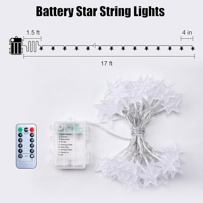 Brightown Star String Lights Battery Operated - 17 ft 50 LED Star Fairy String Lights with Remote and Timer, 8 Modes Waterproof for Bedroom Tent Loft Bed Patio Party Wedding Decor, Warm White