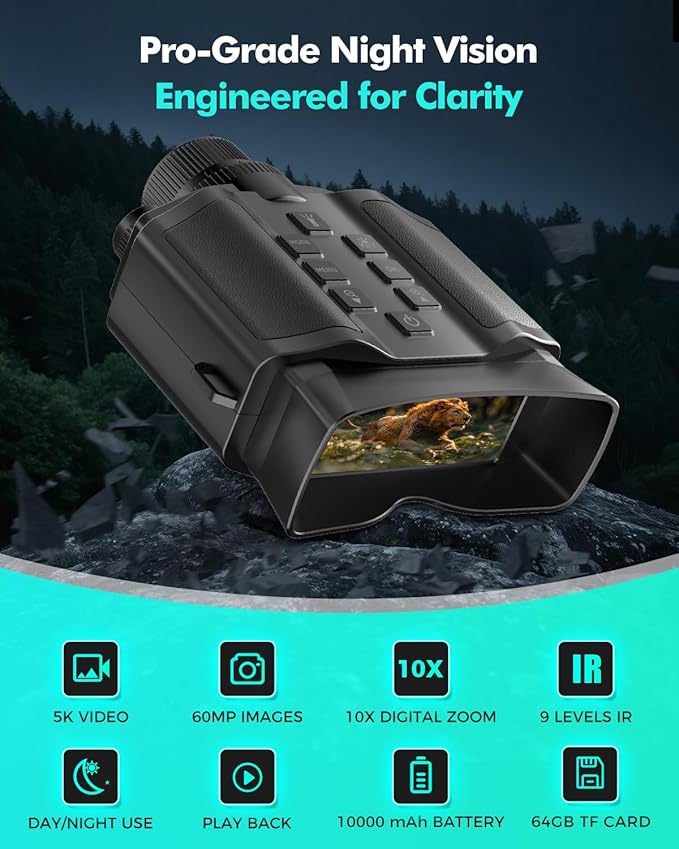 Night Vision Goggles for Adults, Night Vision Binoculars with10000mAh Rechargeable Battery, 3.99" HD Screen & 64GB Card, Infrared Binoculars for Hunting, Camping, Surveillance