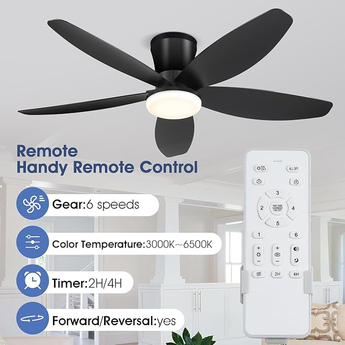 42" Ceiling Fans with Lights-Low Profile Ceiling Fan with Light and Remote/APP Control,Flush Mount,DC Reversible,LED Dimmable Blakc Ceiling Fans for Bedroom,Indoor/Outdoor Patio Use