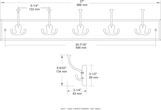 Liberty Hardware 129848 Wall Mounted Coat Rack with 5 Decorative Hooks, 27-Inch, Satin Nickel and White